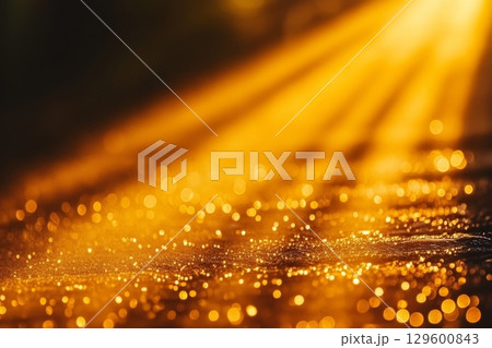 Golden Sun Rays Beaming Through Darkness with Mystical Energy and Shimmering Bokeh Highlights 129600843