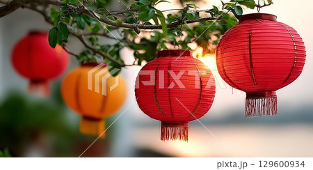 Vibrant Chinese Lanterns Illuminating the Night Sky During Mid-Autumn Festival Celebrations 129600934