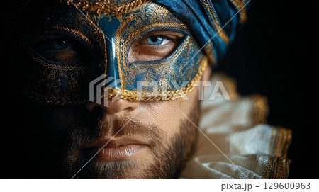 Close-Up Portrait of a Man in a Baroque Blue and Gold Venetian Mask, Exuding Mystery and Elegance. 129600963