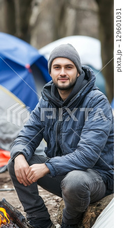 Man Enjoying the Great Outdoors by a Campfire at a Beautiful Camping Destination in Nature 129601031