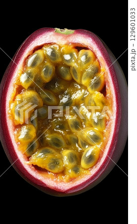 Ripe passion fruit cut open showing vibrant seeds and sweet pulp for exotic culinary enjoyment 129601033