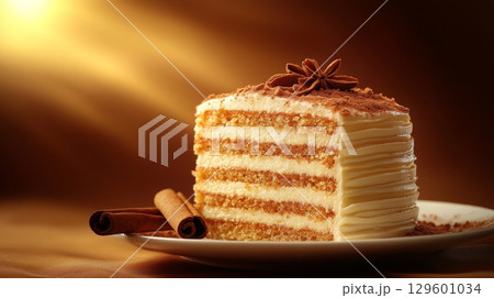 Delicious Sweet Snickerdoodle Layer Cake Slice on Plate with Creamy Buttercream and Cinnamon Topping 129601034