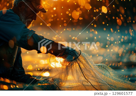 A fisherman skillfully casts his net during sunset, surrounded by shimmering water droplets and golden light. A fisherman skillfully casts his net during sunset, surrounded by shimmering water droplets and golden light. 129601577