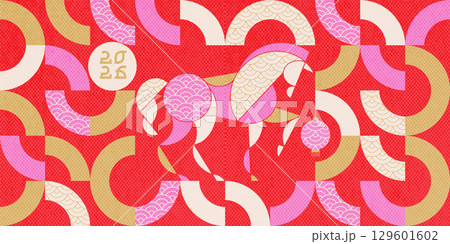 Chinese New Year 2026 abstract geometric tile design with horse, simple geometric shapes in bright palette. Vector background for banner, cover. Flat vector geometric style Chinese New Year 2026 abstract geometric tile design with horse, simple geometric shapes in bright palette. Vector background for banner, cover. Flat vector geometric style 129601602