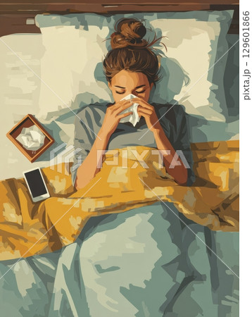 A teenager lies in bed wrapped in blankets, holding a tissue as they check their phone. The room features muted colors and a sense of calm during downtime. 129601866