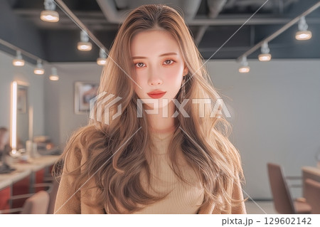 ヘアサロンで撮影する美しい女性「AI生成画像」 129602142