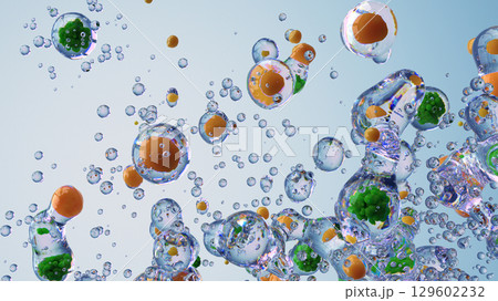 Abstract 3D Illustration of Bubbles With Colorful Elements Suspended in Transparent Liquid 129602232
