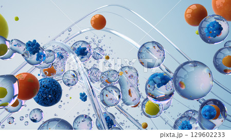 Abstract 3D Illustration of Bubbles With Colorful Elements Suspended in Transparent Liquid 129602233
