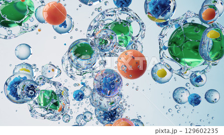 Colorful Microscope View of Vibrant Bubbles and Cells in a Liquid Medium 129602235