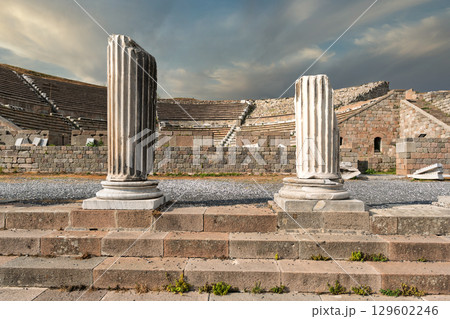 Ancient columns in front of the grand Theater of Pergamon, a UNESCO World Heritage site in Bergama, Turkey 129602246