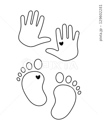 Cute baby handprints and footprints outline with small heart symbols, black line art silhouette. Editable stroke, adorable infant palms and soles vector design for nursery, family, parenting themes Cute baby handprints and footprints outline with small heart symbols, black line art silhouette. Editable stroke, adorable infant palms and soles vector design for nursery, family, parenting themes 129602281