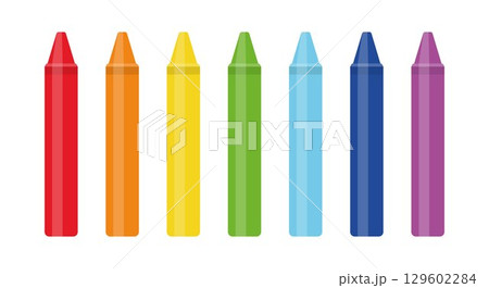 Set of colorful wax crayons in rainbow colors, isolated on white background, vibrant art supplies for drawing, school, and crafts, simple flat design illustration for education and creative projects Set of colorful wax crayons in rainbow colors, isolated on white background, vibrant art supplies for drawing, school, and crafts, simple flat design illustration for education and creative projects 129602284