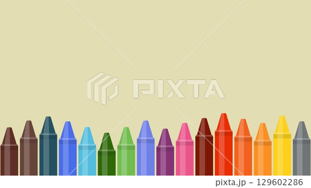 Row of colorful crayons illustration on a light beige background, vibrant wax pencils for school, kids, art, and creative design, perfect for educational materials, drawing projects, craft templates Row of colorful crayons illustration on a light beige background, vibrant wax pencils for school, kids, art, and creative design, perfect for educational materials, drawing projects, craft templates 129602286