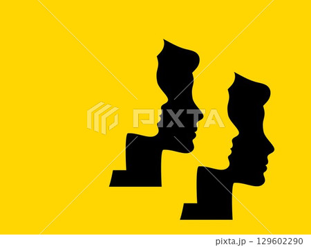 Abstract Female face silhouettes in profile on vibrant yellow background. Minimal modern concept symbolizing communication, teamwork, relationships, psychology, and creative human interaction. 129602290