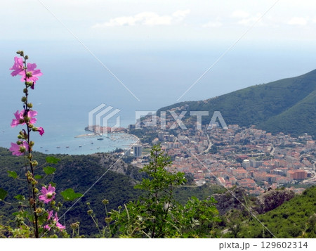 Beautiful View of Budva City and Its Stunning Riviera Surrounded by Lush Mountains 129602314