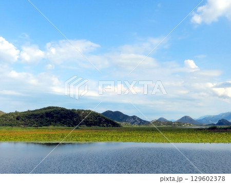 Exploring the Serene Landscapes of Skadar Lake in Montenegro Under a Bright Blue Sky 129602378