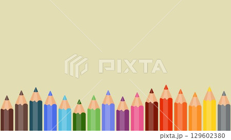 Row of colorful pencils in rainbow palette on beige background. Vector illustration of sharpened crayons for school, art, design, creativity, education, stationery, drawing, and artistic concept. Row of colorful pencils in rainbow palette on beige background. Vector illustration of sharpened crayons for school, art, design, creativity, education, stationery, drawing, and artistic concept. 129602380