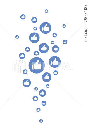 Blue thumbs up like icons arranged in a vertical stream on white background, social media approval positive feedback concept, flat design illustration, digital communication online networking symbol Blue thumbs up like icons arranged in a vertical stream on white background, social media approval positive feedback concept, flat design illustration, digital communication online networking symbol 129602385