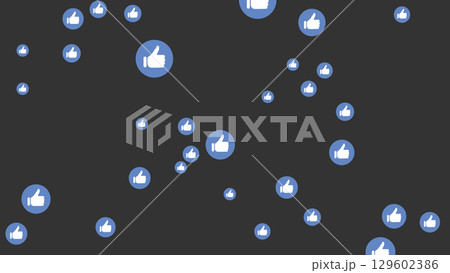 Blue thumbs up icons pattern on dark background, social media like symbols scattered randomly, digital communication concept, online approval, feedback interaction, internet networking illustration 129602386