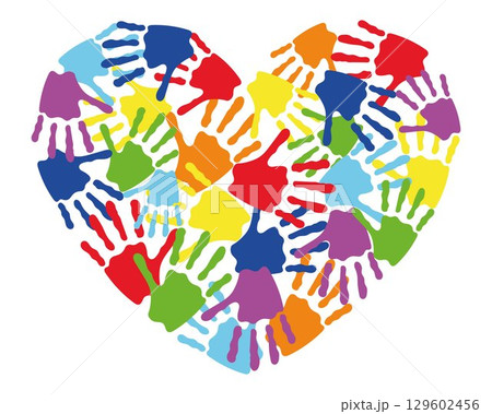 Colorful Handprints in Heart Shape. Diversity, Unity and Love Symbol. Multicolored Children Hand Prints Forming Heart. Abstract Art for Charity, Education, Multicultural Concepts 129602456