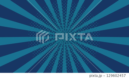 Blue Halftone Sunburst Background. Retro Comic Style Pop Art Rays Pattern. Vintage Radial Stripes Abstract Texture for Poster, Banner, Cover, Pop Culture or Dynamic Graphic Design 129602457