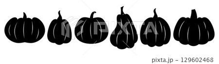 Silhouette Set of Pumpkins and Gourds. Black Halloween and Autumn Harvest Decorative Elements. Vector Isolated Icons of Various Pumpkin Shapes for Seasonal Designs and Holiday Projects Silhouette Set of Pumpkins and Gourds. Black Halloween and Autumn Harvest Decorative Elements. Vector Isolated Icons of Various Pumpkin Shapes for Seasonal Designs and Holiday Projects 129602468