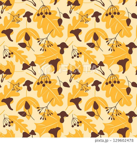 Seamless Yellow Autumn Pattern with Leaves, Mushrooms, Berries, and Botanical Elements. Hand-Drawn Fall Background for Textile, Wrapping Paper, Wallpaper, and Seasonal Crafts. Seamless Yellow Autumn Pattern with Leaves, Mushrooms, Berries, and Botanical Elements. Hand-Drawn Fall Background for Textile, Wrapping Paper, Wallpaper, and Seasonal Crafts. 129602478
