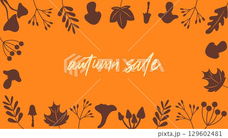 Autumn Sale Banner with Fall Leaves and Mushrooms. Seasonal Promotional Template on Orange Background for Marketing, Discount, Thanksgiving, and Seasonal Advertising Campaigns Autumn Sale Banner with Fall Leaves and Mushrooms. Seasonal Promotional Template on Orange Background for Marketing, Discount, Thanksgiving, and Seasonal Advertising Campaigns 129602481
