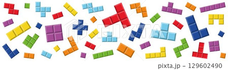 Colorful Tetris Blocks Banner. Retro Puzzle Game Elements Scattered on White Background, Fun Pixel Style Horizontal Layout for Web, Ads, Kids, Games, and Tech-Themed Projects. 129602490