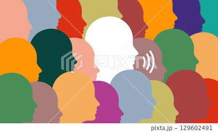 Colorful Human Silhouettes Talking and Listening. Whistleblower Concept. Employee Informant Speaking in Crowd, Insider Revealing Information, Alert Communication, Corporate Transparency, Truth Concept 129602491
