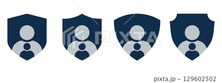Set of Family Protection Icons. Flat Color Shield Symbols with Parent and Child Silhouettes, Concept of Safety, Security, Healthcare, Insurance, Social Care and Protection Services 129602502