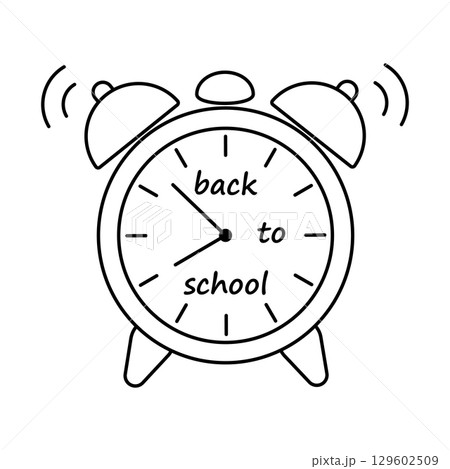 Back to School Alarm Clock. Editable stroke. Hand Drawn Outline Illustration of Ringing Vintage Alarm Clock with Educational Message, Wake Up for First Day of School, Simple Black and White Design 129602509