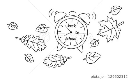 Back to School Alarm Clock with Autumn Leaves. Editable stroke. Hand Drawn Black and White Outline Illustration. Seasonal Fall Education Theme for Coloring Page, Kids Activity, or School Poster Design 129602512