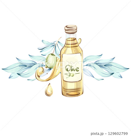 Discover the beauty of olives and olive oil in watercolor illustrations inspired by nature and Italian cuisine frame, border, arrangement 129602799