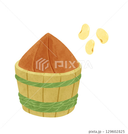 みそ樽と黄大豆 水彩風手描きイラスト みそ樽と黄大豆 水彩風手描きイラスト 129602825