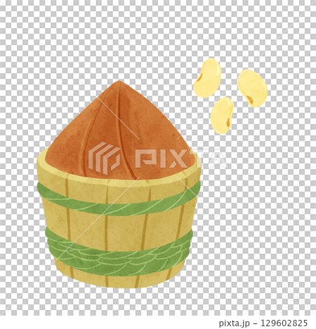 Miso barrel and yellow soybeans watercolor hand-drawn illustration 129602825