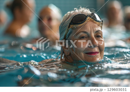 Senior Woman Swimming in Indoor Pool, Active Elderly Lifestyle, Health and Fitness 129603031