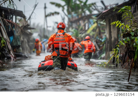 Rescue Team Navigating Flooded Street in Disaster Relief Effort 129603154