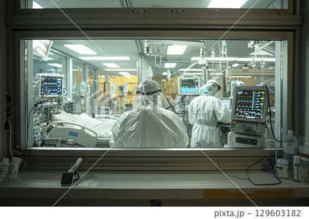 Healthcare Workers in Protective Gear Treating Patients in Hospital ICU During Pandemic 129603182