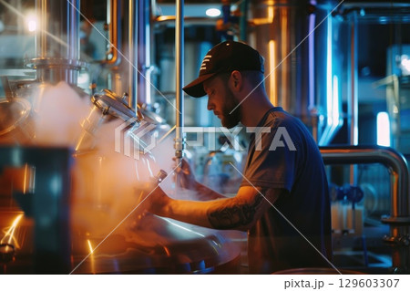 Craft Brewer at Work in Modern Beer Brewery with Stainless Steel Equipment and Vapor 129603307