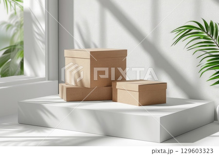 Eco-Friendly Cardboard Boxes and Greenery in Minimalist Sunlit Setting 129603323