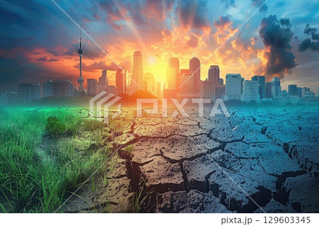 Cityscape at Sunset with Contrasting Greenery and Cracked Earth Depicting Climate Change 129603345