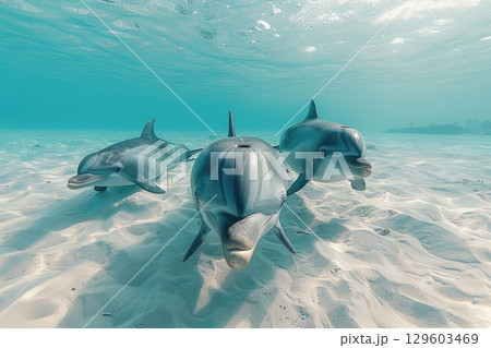 Three Dolphins Swimming Underwater in Clear Blue Ocean 129603469