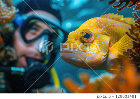 Scuba Diver Underwater Close-Up with Colorful Fish and Coral Reef in Ocean 129603481
