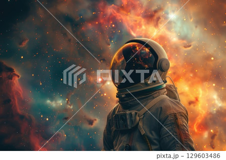 Astronaut in Space Against Colorful Nebula Backdrop, Exploring Outer Universe 129603486