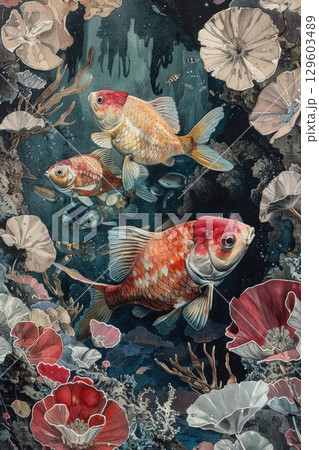 Vibrant Goldfish Amidst Botanical Underwater Scene 129603489