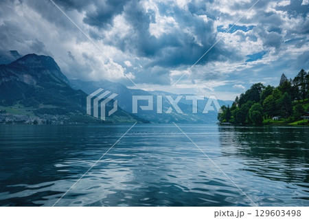 Serene Mountain Lake with Reflections and Lush Green Forest Landscape 129603498