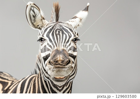 Close-Up Zebra Portrait Against Neutral Background 129603580