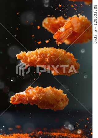 Crispy Fried Shrimp in Mid-Air with Dark Background and Falling Crumbs 129603588