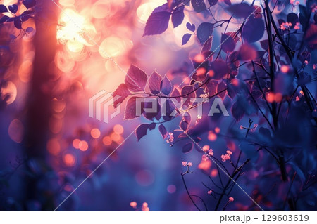 Enchanting Sunrise Bokeh with Vibrant Purple Leaves in a Dreamy Forest Setting 129603619